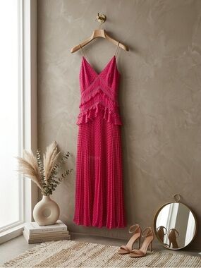 Self-Portrait Fuchsia Fil Coupé Georgette Maxi Dress Crochet Ruffle US 6 NWT